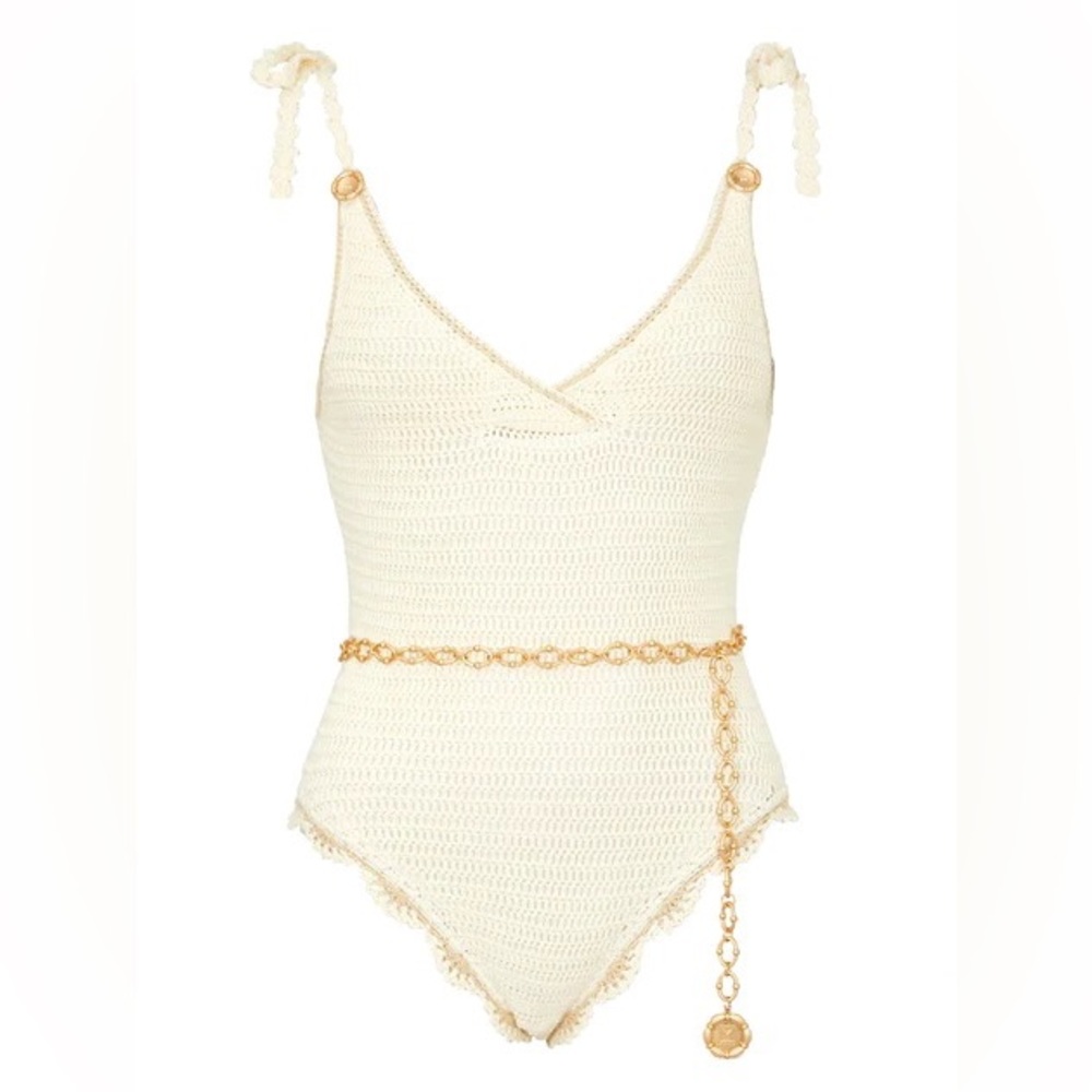 NWT Maiyo Amara Crochet Tie- Strap Women’s One Piece Swimsuit with Gold belt, L